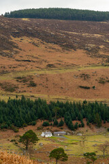 Idyllic vertical view, County Wicklow, Ireland. Mountains, close to Guinness lake and tourists walking paths. Typical Irish cottage