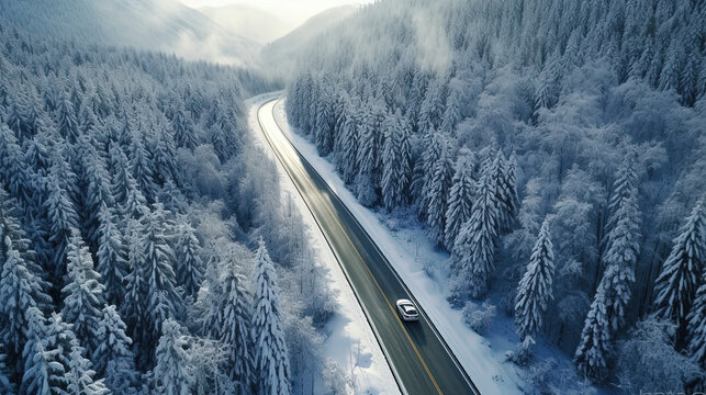 Aerial view of a car driving on a road during the winter. Top down view of a snow forest landscape. Generative AI