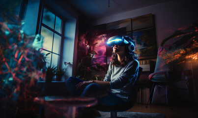 Fototapeta na wymiar Woman using virtual reality glasses, innovative VR glasses - Generative AI