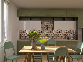 Kitchen interior 3d render, 3d illustration
