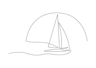 Sailing yacht with sun and wave drawn in one continuous line. One line drawing, minimalism. Vector illustration.