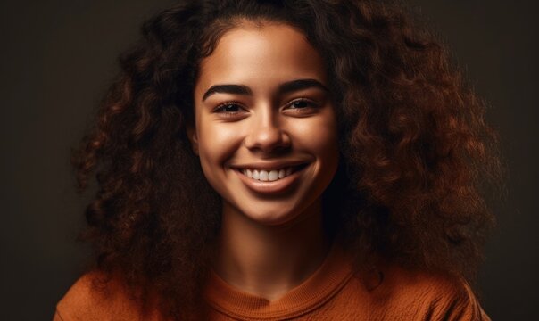 Happy young woman of color smiling at the camera in a studio
