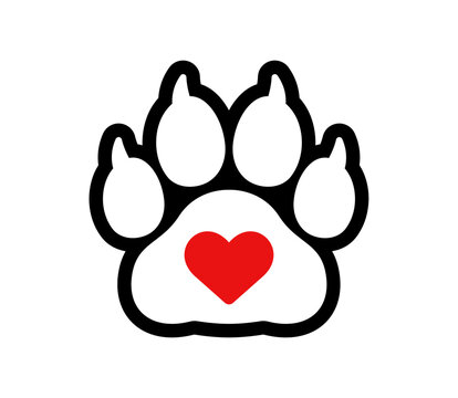 Paw icon with heart. Cat, tiger, leopard, lion, etc. paw icon. Zoo, vet logo element. Paw with claws print vector symbol. Line style.