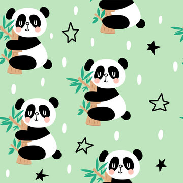 cute panda bear hugging bamboo on a green background, fabric and textile scandinavian style seamless pattern with black stars and white dots