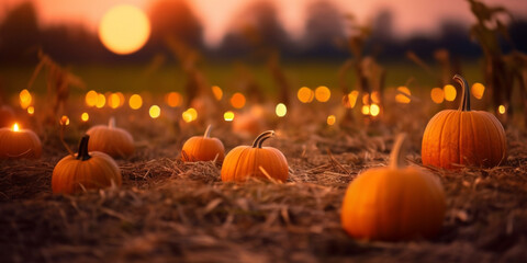 Pumpkins in field at sunset created with ai generative tools
