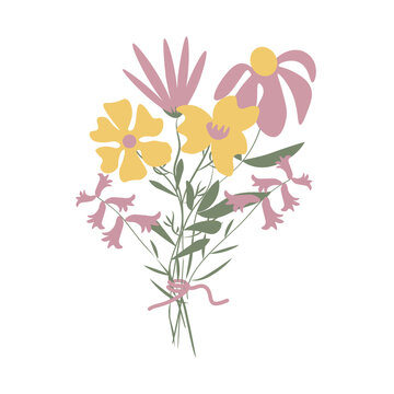 Bouquet of pink and yellow flowers on white background, vector illustration