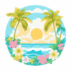 Fototapeta na wymiar Seascape, tropical island. Landscape sea, palm trees, flowers, sun, clouds, a sky of delicate colors, drawn in a circle. Vector