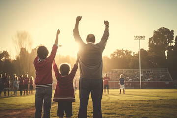Parents standing on sidelines cheering for their children at youth soccer game. 
