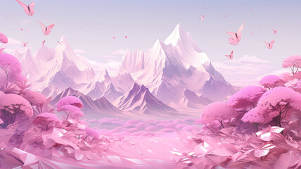 a colorful landscape with trees and pink mountains in the background, with a blue sky, flowers floating and white clouds in the foreground.