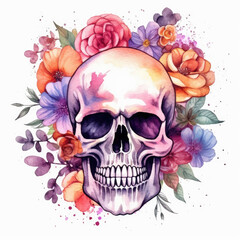 Watercolor skull flowers . Generative Ai