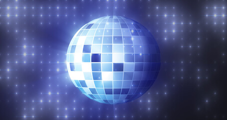 Fototapeta na wymiar Abstract blue mirrored spinning round disco ball for discos and dances in nightclubs 80s, 90s luminous background