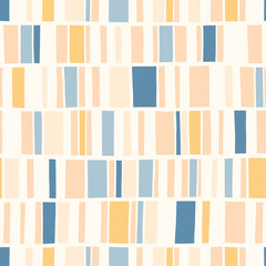 Hand-Drawn Blue, Pink, Yellow Geometric Stripes Vector Seamless Pattern. Modern Retro Palyful Print. Organic Square Shapes