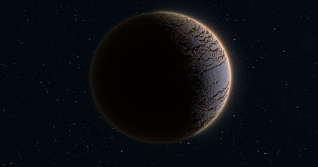 Abstract realistic space planet round sphere with a stone relief surface in space against the background of stars