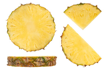Pieces of ripe pineapple on a white isolated background. Pieces and slices of pineapple with a peel...
