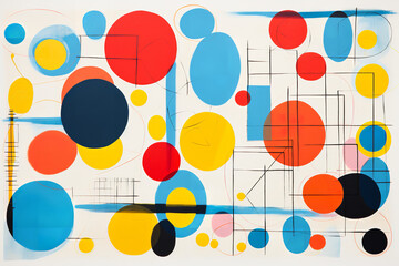 60s pop art geometric shapes, vibrant primary colors: reds, yellows, blues, simplistic circles, squares, and triangles, screen print style on paper, bold outlines