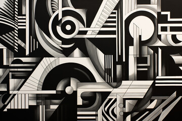 Geometric pattern with strong contrast, angular shapes, monochromatic palette, Futurism influence, ink on paper