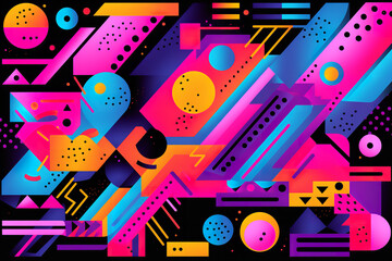 Retro 80s inspired geometric shapes, neon colors: pinks, teals, purples, oranges, digital art, angular and curved motifs