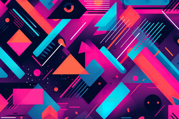 Retro 80s inspired geometric shapes, neon colors: pinks, teals, purples, oranges, digital art, angular and curved motifs