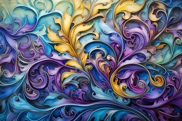 Seamless tile, graceful Rococo shapes and flourishes, vibrant palette of violet, teal blue, and golden yellow, oil painting technique