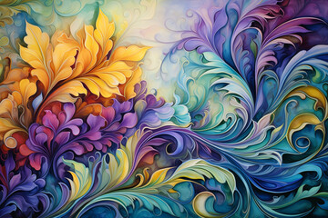 Seamless tile, graceful Rococo shapes and flourishes, vibrant palette of violet, teal blue, and golden yellow, oil painting technique