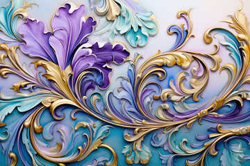 Fototapeta na wymiar Seamless tile, graceful Rococo shapes and flourishes, vibrant palette of violet, teal blue, and golden yellow, oil painting technique