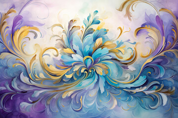 Seamless tile, graceful Rococo shapes and flourishes, vibrant palette of violet, teal blue, and golden yellow, oil painting technique