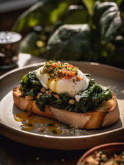 Foodie's Delight: Savor the Exquisite Bruschetta Creation with Chard, Spinach, Poached Egg, and Dukkah!