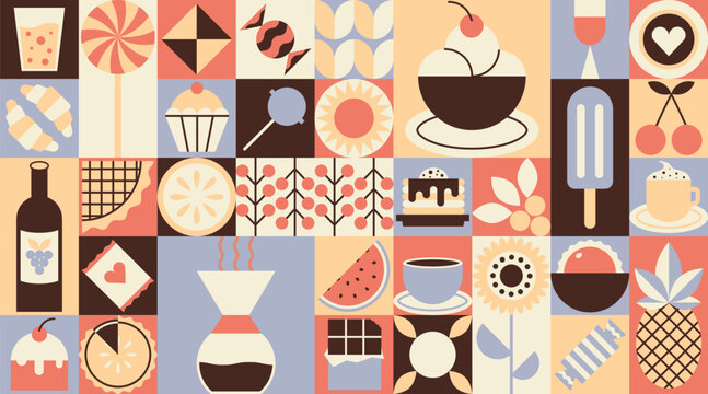 Naklejki Geometric food pattern. Abstract bakery sweet dessert fruit simple shape, restaurant menu concept. Vector minimal banner