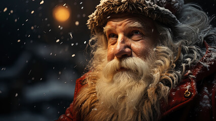 Santa Claus outdoors in snowfall. Christmas portrait. 
