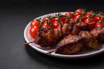 Delicious grilled chicken, turkey or pork skewers with salt, spices and herbs