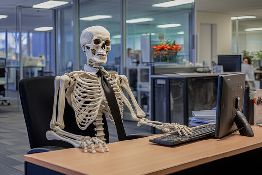 Skeleton businessman working in the office. Dead skeleton working at office. 
