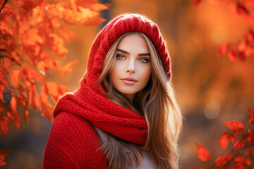 Portrait of a beautiful girl in a red hat and scarf on the background of autumn leaves. selective focus.  