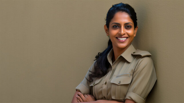 Indian Policewoman in Khaki Uniform - Smiling and Approachable Officer - AI-Generated

