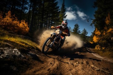 Rider on a cross-country enduro motorcycle go fast in wet forest. Enduro racing driver take a corner with a splashes of dirt and water. Drift. Made With Generative AI.