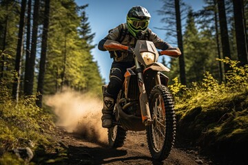 Obraz na płótnie Canvas Rider on a cross-country enduro motorcycle go fast in wet forest. Enduro racing driver take a corner with a splashes of dirt and water. Drift. Made With Generative AI.