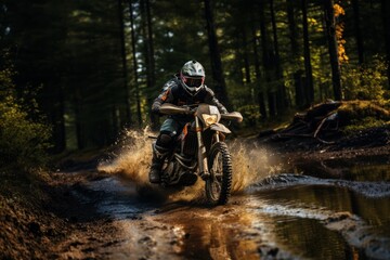 Rider on a cross-country enduro motorcycle go fast in wet forest. Enduro racing driver take a corner with a splashes of dirt and water. Drift. Made With Generative AI.