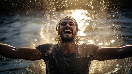 man happily emerging from water in the sun with a splash -  christian baptism - joy of water - refreshing feeling on a hot summer day - generative ai - imaginary person