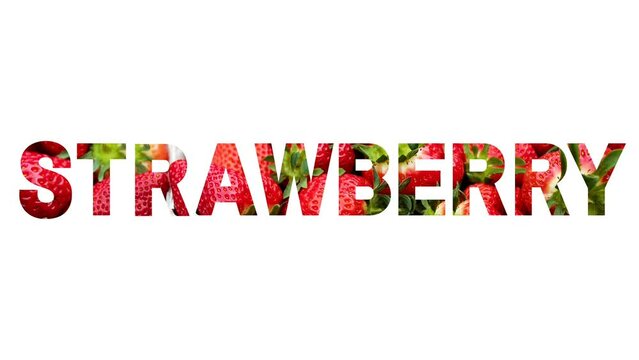 Inscription (text) "STRAWBERRY" made of photo of strawberries appears on a white background from pink and yellow gradient, 2d 4k animation