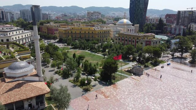 Aerial Drone View of Tirana City Center: Skanderbeg Plaza and Et'hem Bey Mosque in 4K