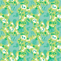 Cartoon Halloween monsters seamless devils and pumpkins and ghost animals skulls pattern for wrapping paper