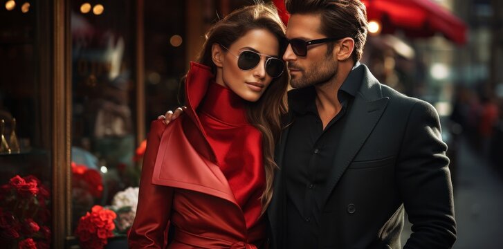 A couple man in sunglasses and woman in black, in the style of luxurious.