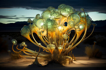 A desert turned avant-garde gallery with golden gears as kinetic sculptures powered by geothermal energy,while bio-luminescent algae illuminate the starlit sky with surreal light from cosmic radiation