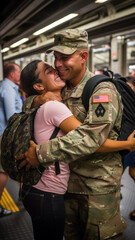 Fototapeta premium a soldier returning home surprising his family with hugs and tears of joy