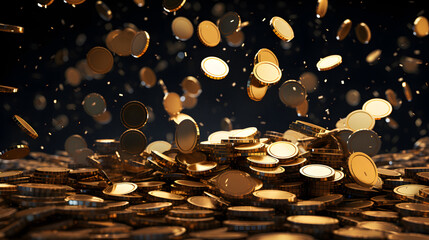 gold coins, money coins stack, metal money. Golden money dropping down in black background. generated by AI