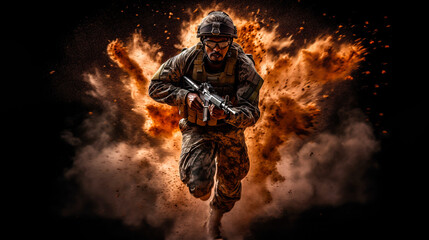 Fototapeta na wymiar Indian Soldier in front of the explosion - AI-Generated