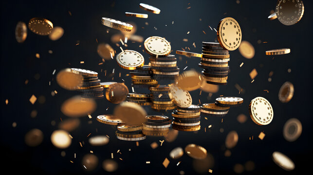 gold coins, money coins stack, metal money. Golden money dropping down in black background. generated by AI
