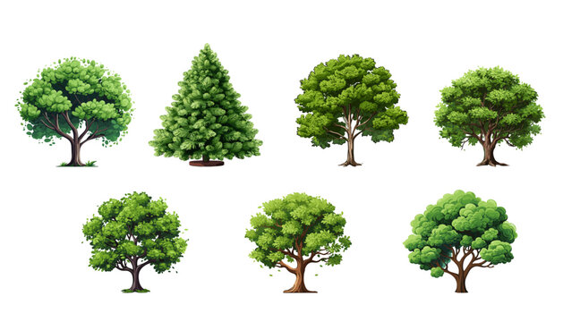 Collection cartoon Trees Isolated on White Background. Vector flat set illustration agricultural garden and nature park plant. Flat forest flora