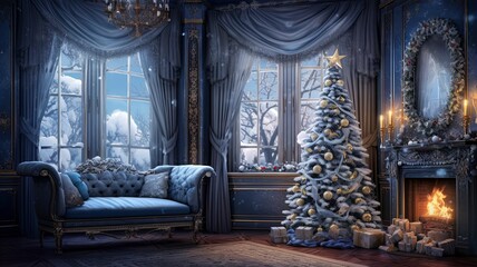 Fototapeta na wymiar Blue Christmas interior. Living room with blue walls, blue sofa and gold and blue Christmas decorations on Christmas tree. 