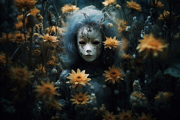 Scary ghost in night flower garden. Halloween concept. 