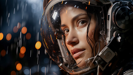 Young woman with brown hair in a space suit. Fantastic space suit. Exploration of outer space. 